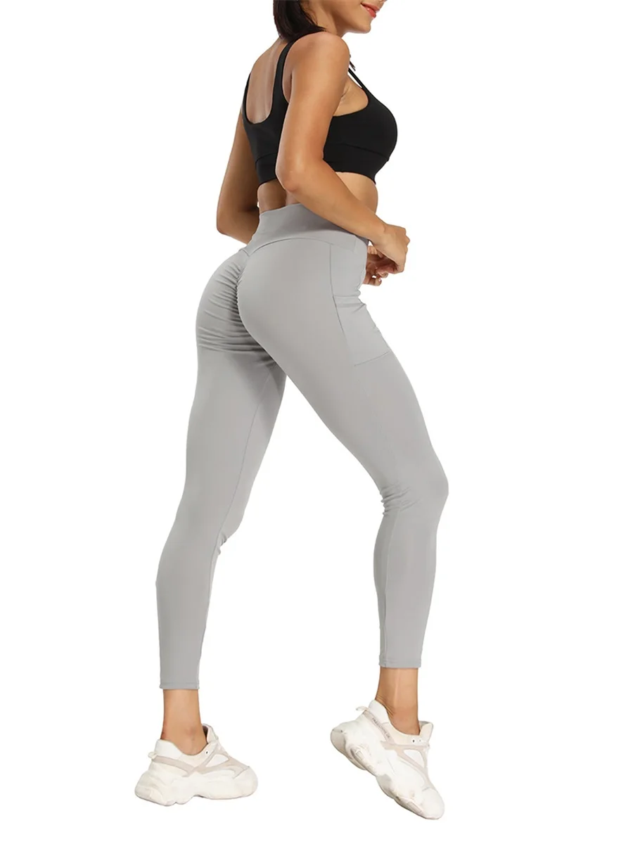 Eghunooye Damen Butt Lift Workout Leggings Hohe Taille Einfarbig Dehnbar Laufen Yoga Hose Schlankheitsstrumpfhose hellgrau S