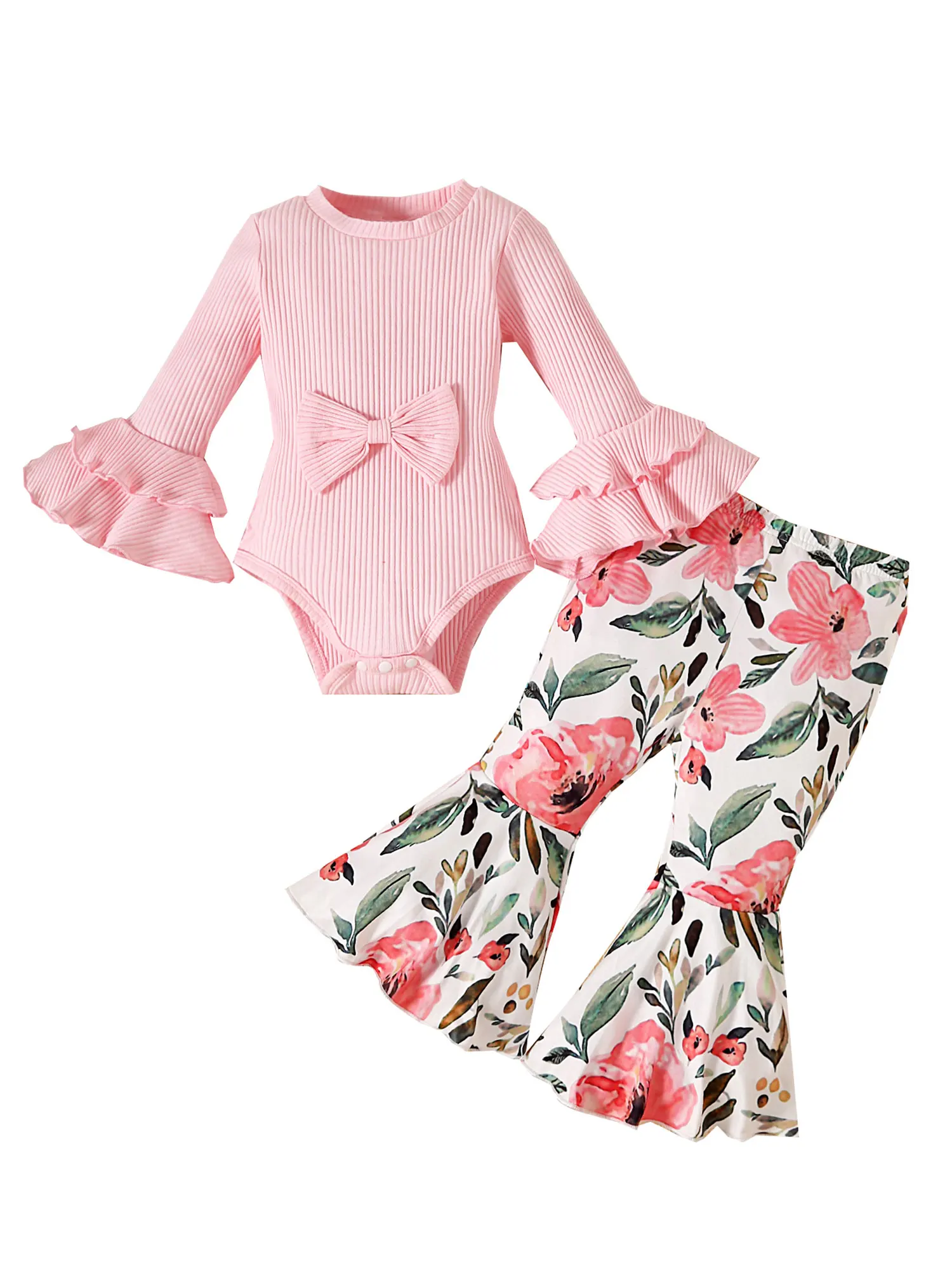 

Solid Color Rib Knit Flare Long Sleeve Jumpsuit with Butterfly Flower Print Flare Pants - Adorable 2Pcs Outfit for Baby Girls