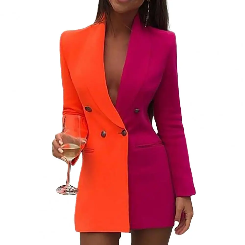

Long Sleeve Pockets Mid-Length Blazer Autumn Winter Sequins Contrast Color Stitching Double Breasted Placket Blazer