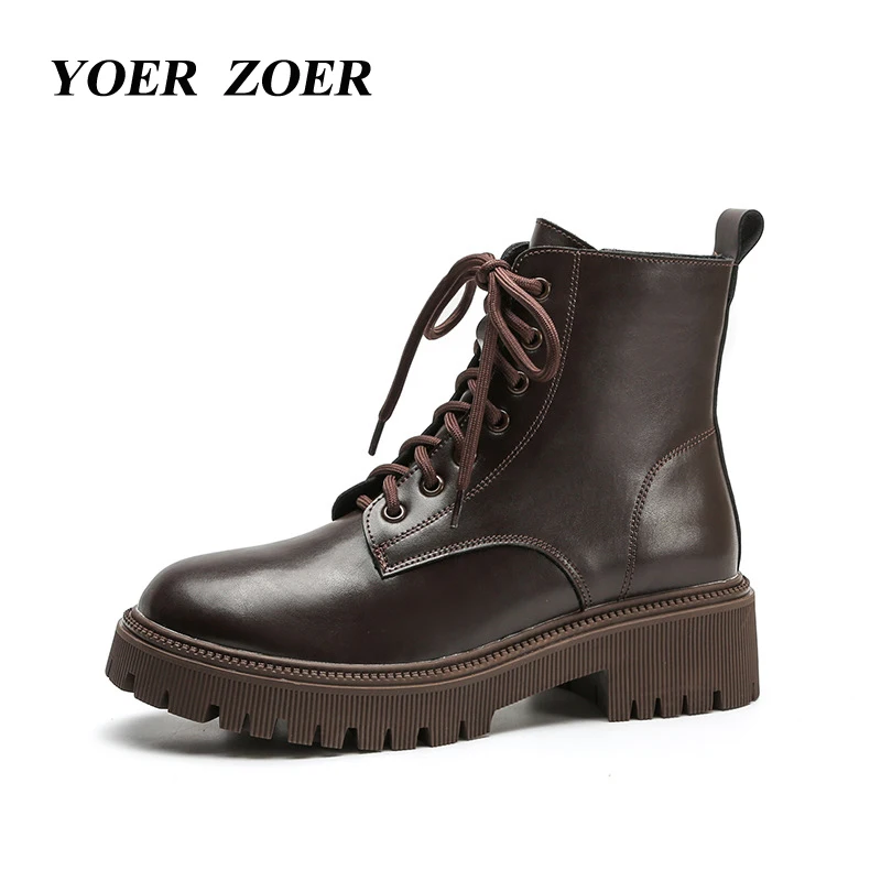 Women Martins boots Genuine leather brown British female 2023 new skinny ankle boots Trendy thick bottom Chelsea boots Casual