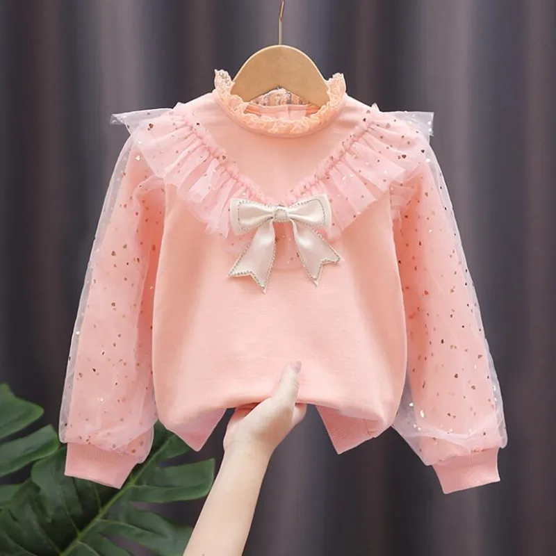 White Bow Lace Long Sleeve Shirts Kids Pullover Tops Children Clothes 3-12 Years Spring Autumn Toddler Teen Girls Cotton Blouse