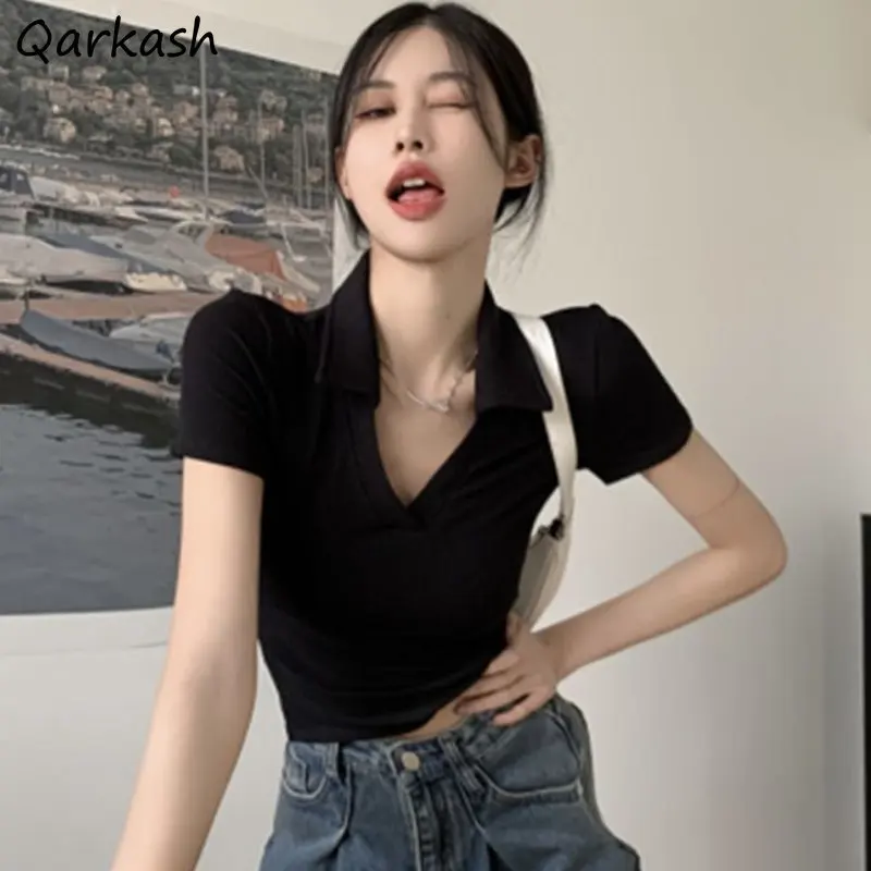 

Футболки женские Сексуальные облегающие с лацканами, модные чистые повседневные универсальные базовые шикарные летние Ulzzang с коротким рукавом Y2k, простая подкладка