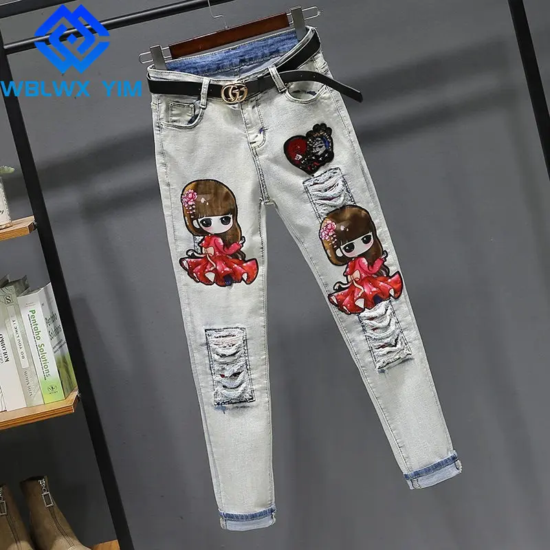 

Jeans for Women Spring Summer Denim Pencil Pants Diamonds Patch Fashion Hole High Waist Jeans Female Loose Plus Size Jeans