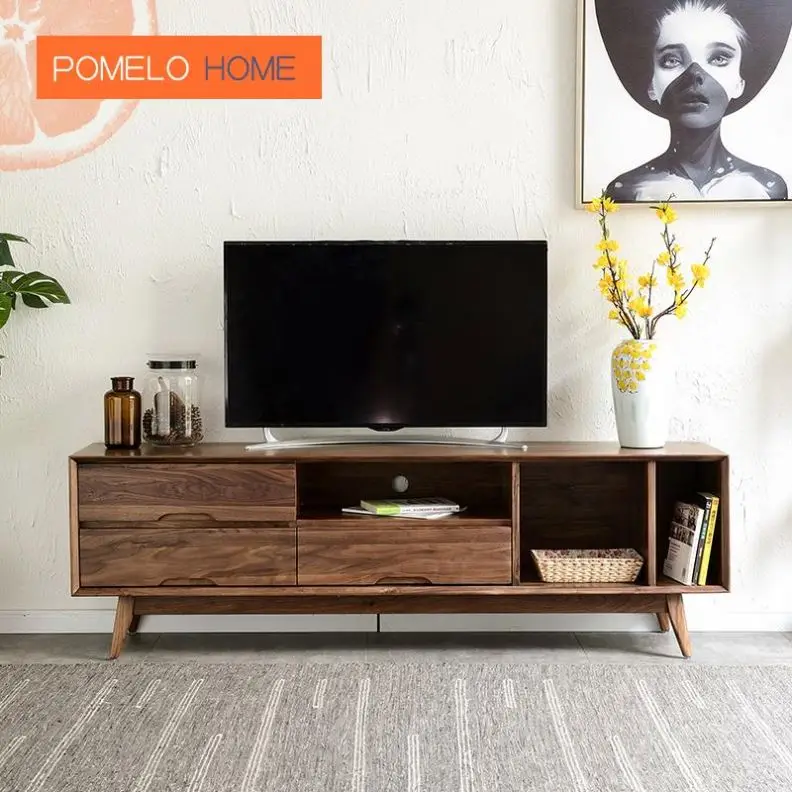 

Pomelohome Walnut TV Cabinet New Chinese Style Polished by Hand Imported North American Black Home Furniture TV Stand Modern