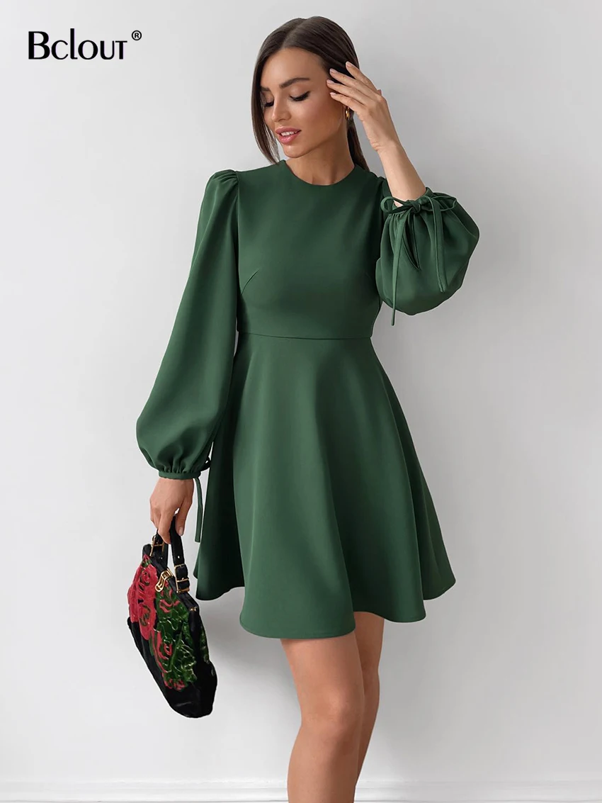 

Зимнее зеленое платье Bclout, женские элегантные платья-трапеции на шнуровке с рукавами-фонариками, Модные Винтажные Платья-мини с круглым выр...