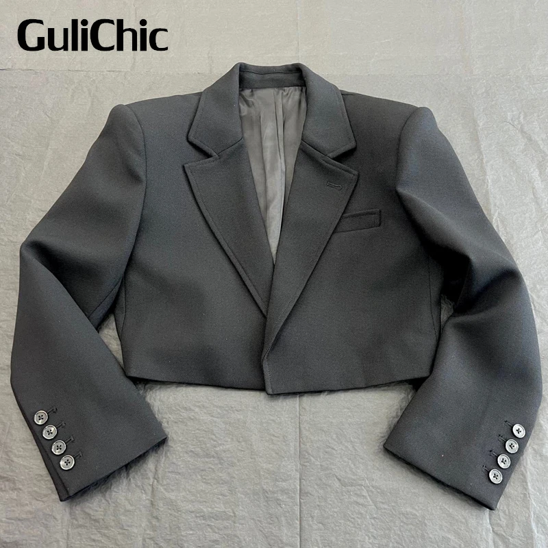 

9.12 GuliChic Women Luxury Temperament Black Notched Collar Long Sleeve Shoulder Pads Short Wool Blazer