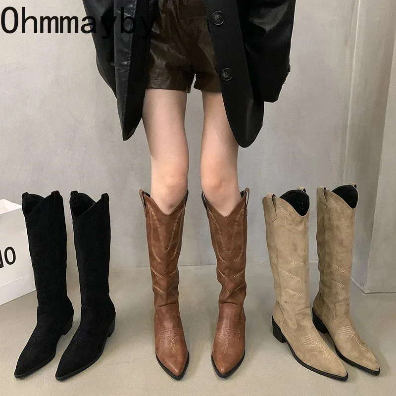 

Женские ковбойские сапоги, модные элегантные сапоги до колена без застежек, на низком квадратном каблуке, женская зимняя обувь