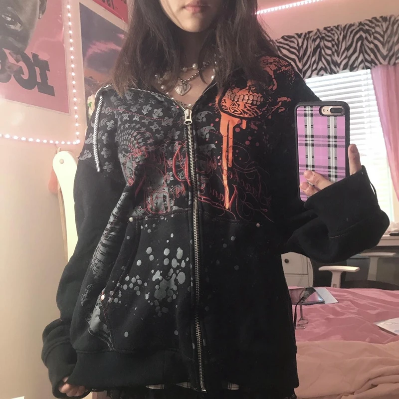 

Dark Academia Graphic Print Oversized Sweatshirt Y2K Aesthetics Mall Goth Zip Up Hoodies E-girl Gothic Grunge Retro Coat Jackets