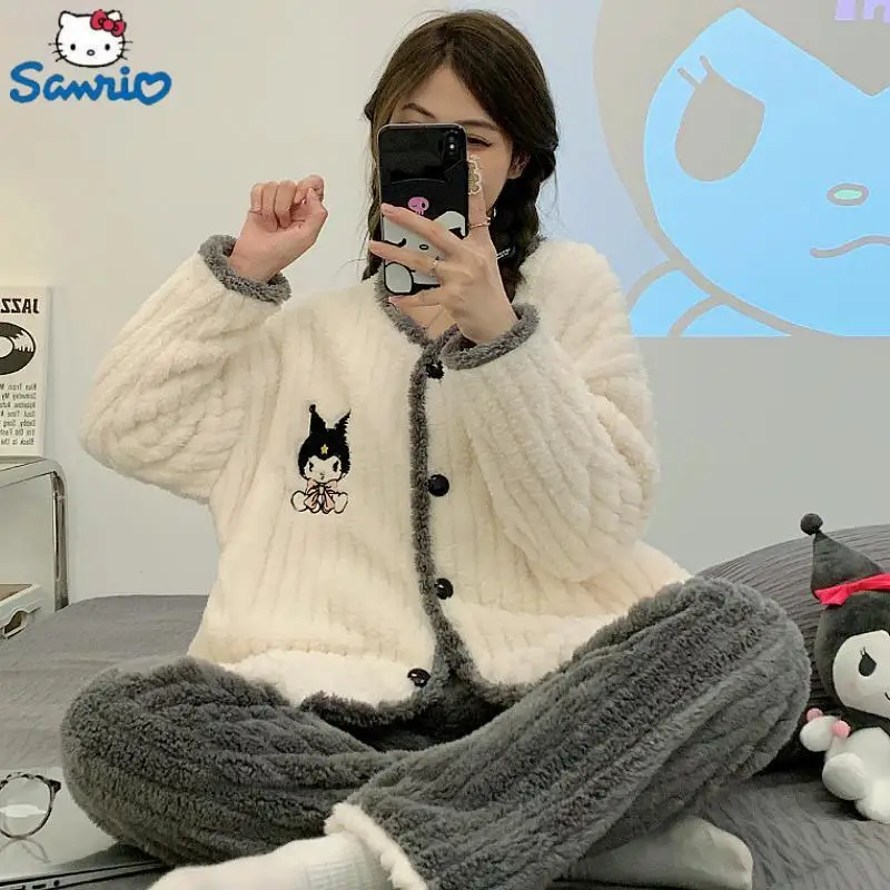 

Sanrio Kawaii Pochacco Women Winter Warm Flannel Pajamas Thick Coral Velvet Long Sleeve Cartoon Sleepwear Kawaii Home Suit Coats