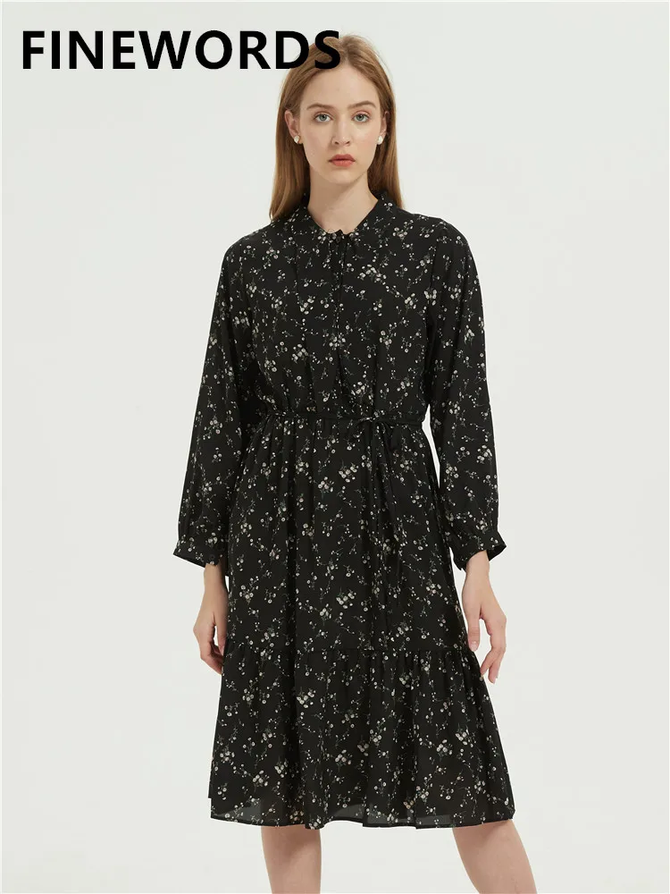 Повседневное шифоновое черное Цветочное платье с длинным рукавом FINEWORDS