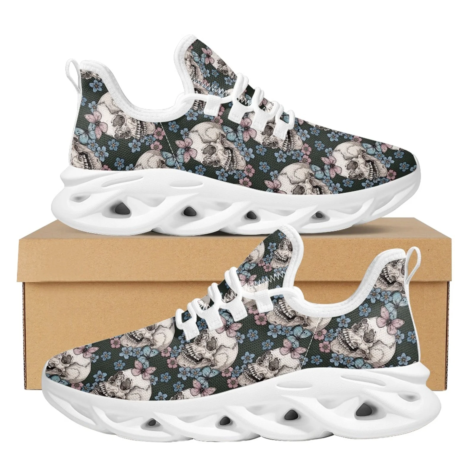 Belidome Sugar Skull Floral Design Shoes Women Athletic Running Mesh Breathable Casual Sneakers Lace Up Walking Footwear Zapatos