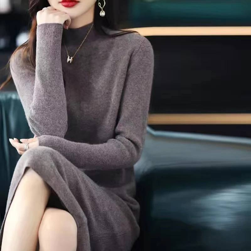 

Midi Sweater Dress Women Loose Knitted Dress Party Half High Collar Vintage Pullovers Autumn Winter Eleagnt Knitwear Thick O234