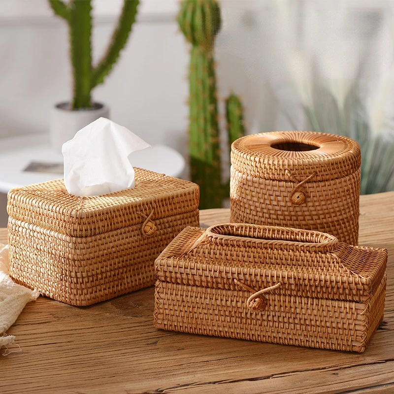 

Nordic Rattan Weaving Tissue Boxes Creative Solid Wood Covered Square Napkin Box Dining Table Hotel Desktop Organizer Boxes
