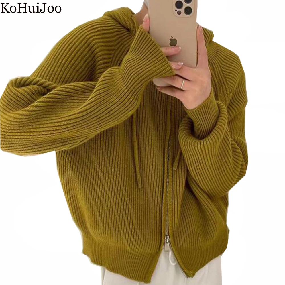 

KoHuiJoo 2022 Spring Korean Solid Color Zipper Hood Sweater Women With Zippers Casual Sweaters Knitted Cardigan Coat Outerwear