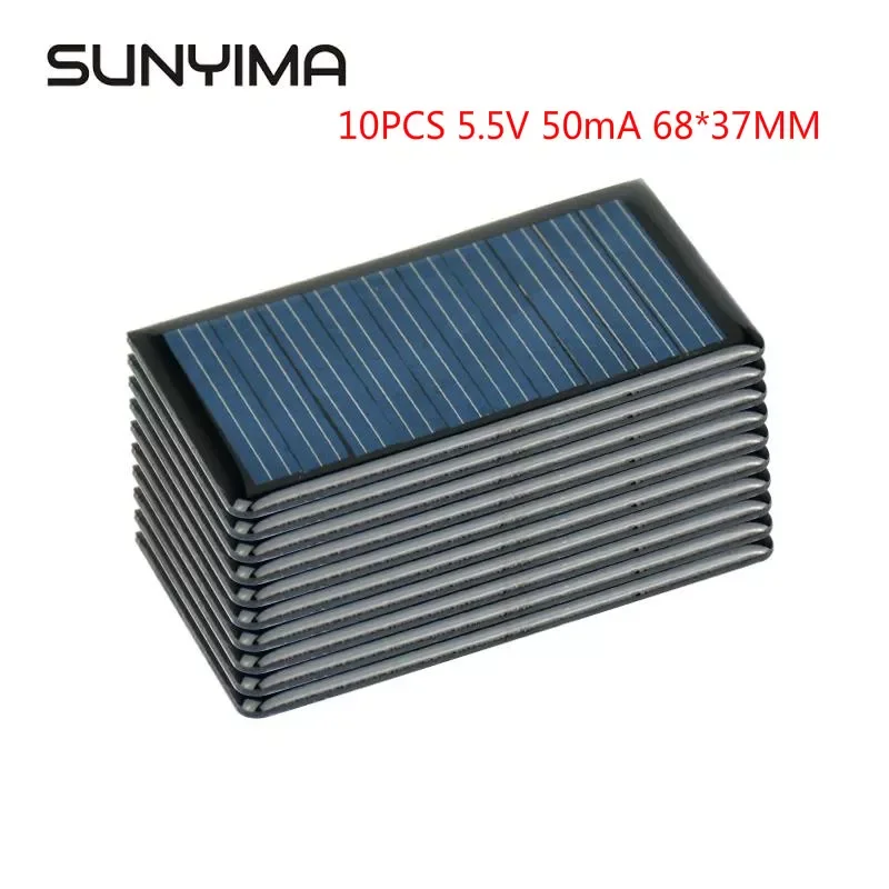 

SUNYIMA 10Pcs 5.5V 50mA Solar Panel Polycrystalline 68*37MM Mini Sunpower Solar System DIY for Battery Cell Phone Charger