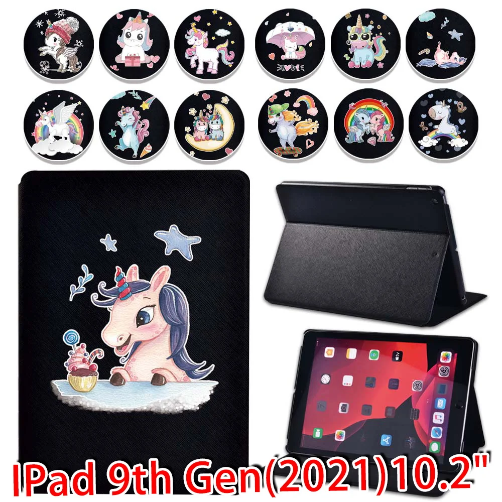 

Cover for Apple IPad 10.2 Inch 9th Generation 2021 Ultra-Thin Unicorn Pattern Leather Folding Stand Tablet Case + Free Stylus