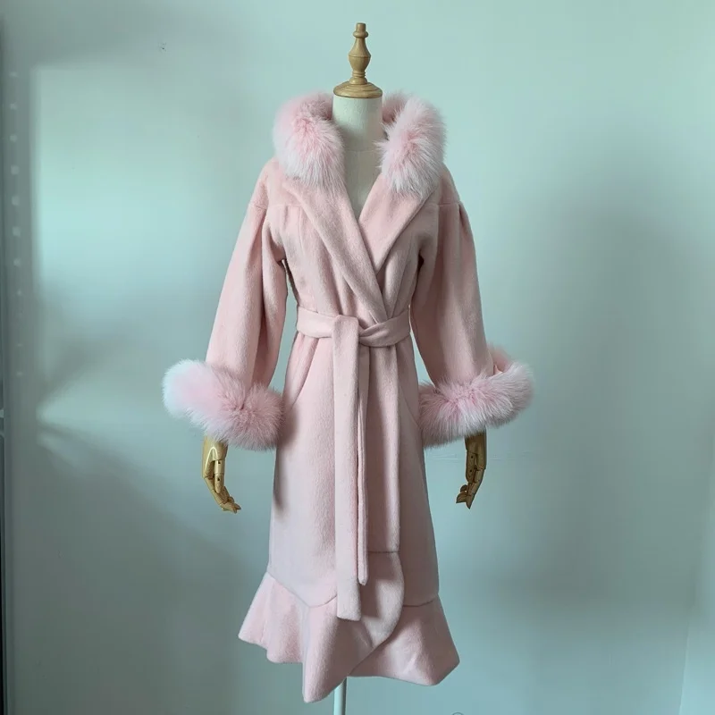 

woolen women Winter blends fashion coat real fox fur collar cashmere coat female Fishtail design slim outerwear F923
