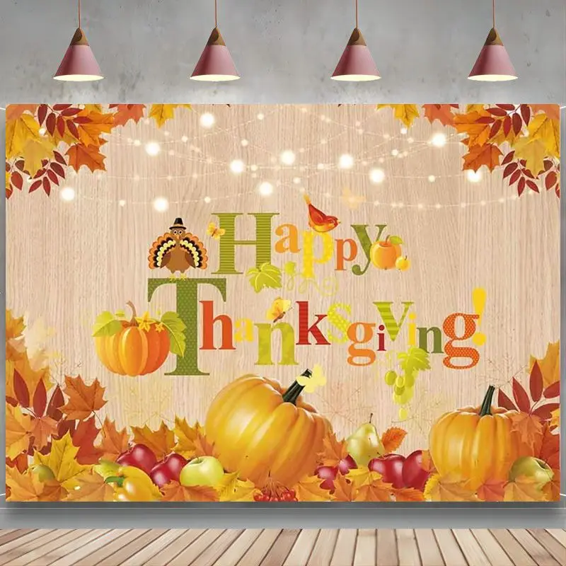 

Thanksgiving Day Backdrop Autumn Pumpkin Party Decorations Harvest Turkey Fall Gold Maple Leaves Rustic Wood Banner Background