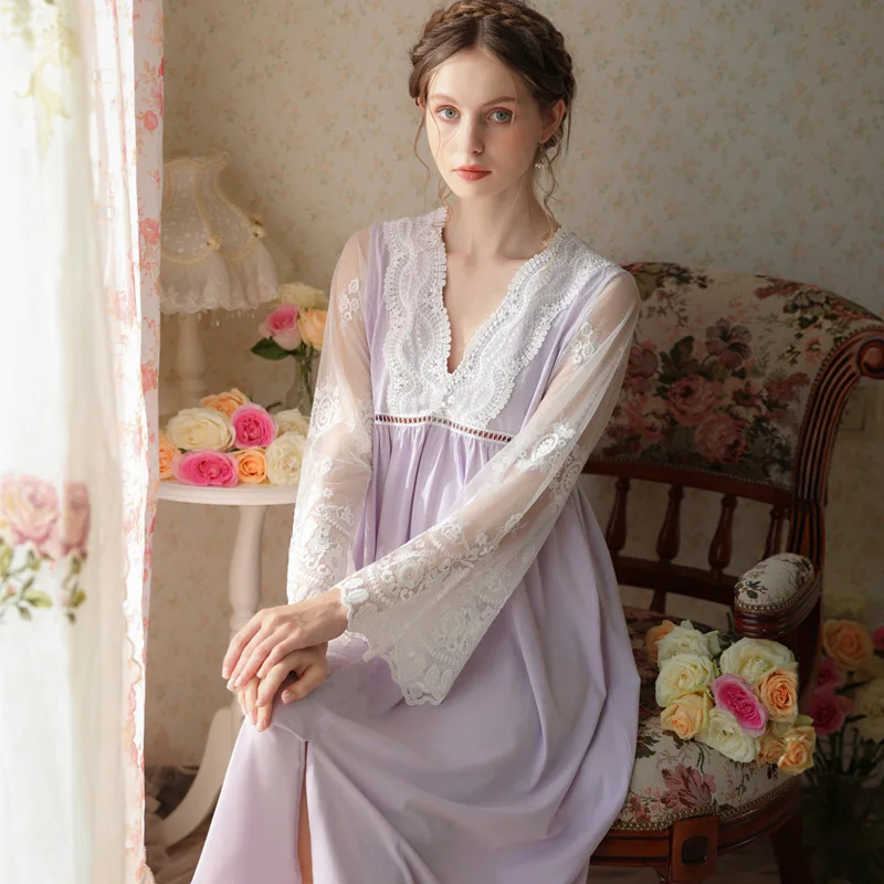 2023 New Women's Pajamas,French High-grade Lace Spring and Autumn Long Cotton Mesh Embroidery,V-neck Sexy Sleepshirt,Nightdress