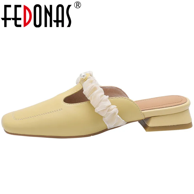 

FEDONAS Women Sandals Sweet Pearl Mules Square Toe Low Heels Genuine Leather Slippers Working Casual Shoes Woman Spring Summer
