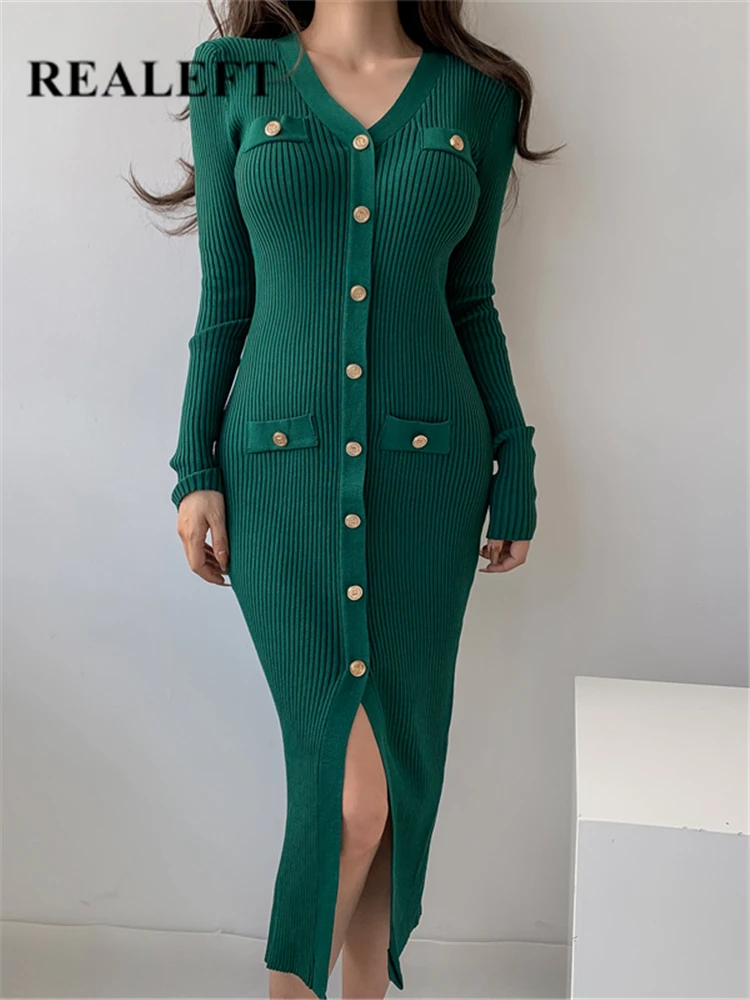 

REALEFT V-Neck Single Breasted Knitted Women Wrap Dresses Green Autumn Winter Long Sleeve Sheath Bodycon Long Dress Female 2022