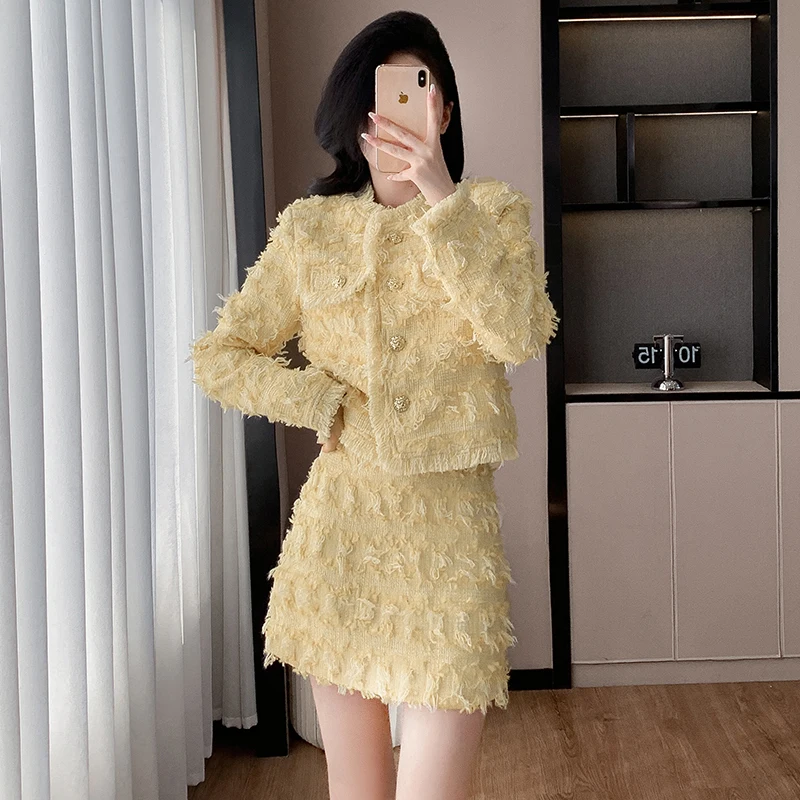 Новая осенне-зимняя женская светло-желтая твидовая юбка костюмы модная короткая