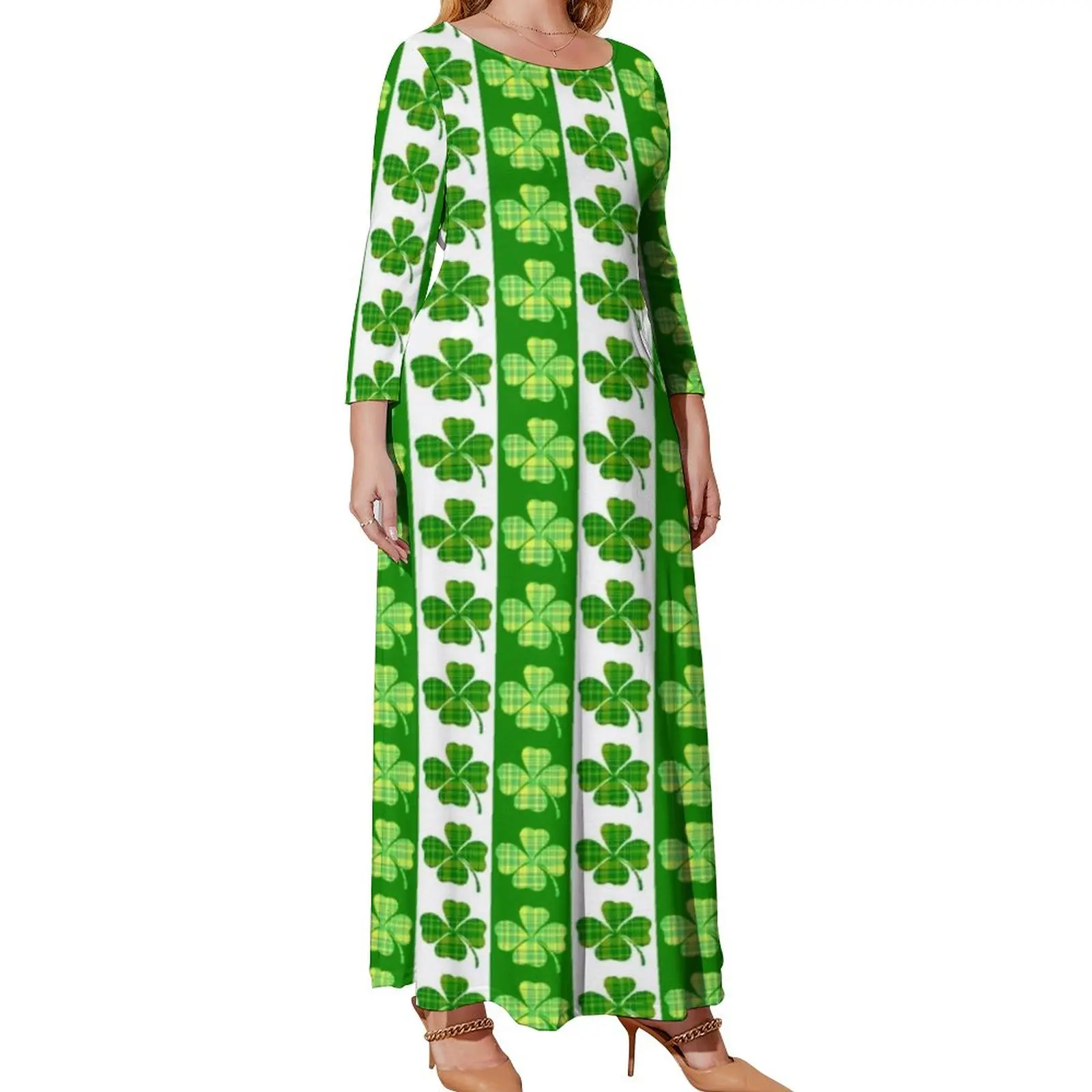 St Patrick's Day Dress Plus Size Green Lucky Shamrocks Elegant Maxi Dress Long Sleeve Street Fashion Beach Long Dresses Gift