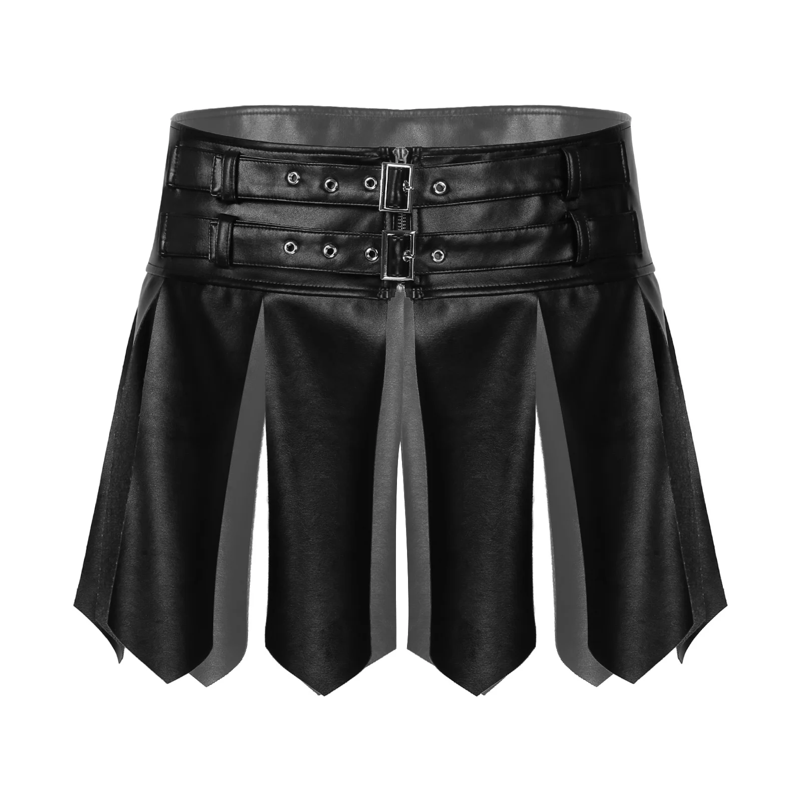 

Men Black Solid Faux Leater Tassel Sort Skirt alloween Fancy Dress Ball Costume Adjustable Buckle Zipper Waisand Miniskirt