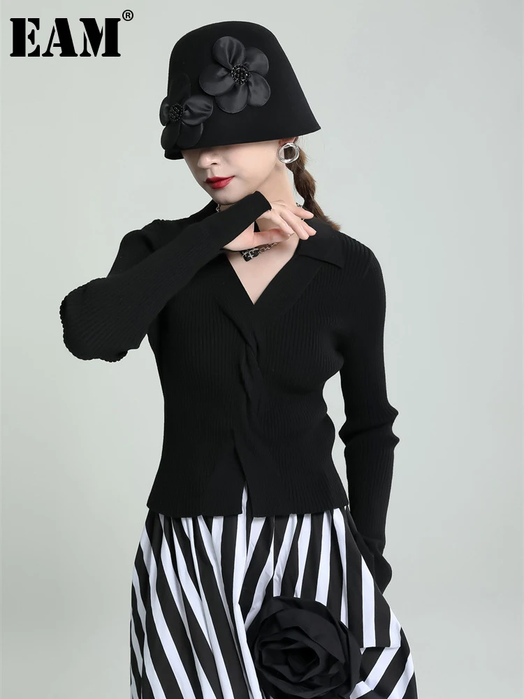 

[EAM] Black Irregular Knitting Sweater Loose Fit V-Neck Long Sleeve Women Pullovers New Fashion Tide Autumn Winter 2022 1DE71560