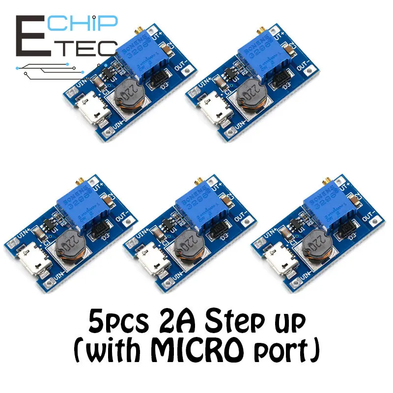 

5PCS MT3608 DC-DC Adjustable Boost Module 2A Boost Plate Step Up Module with MICRO USB 2V-24V to 5V 9V 12V 28V