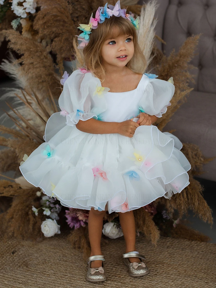 

Ivory Organza Flower Girl Dresses Puff Sleeves Girls Princess Wedding Party Dress A-Line Knee-Length First Communion Gown Dress