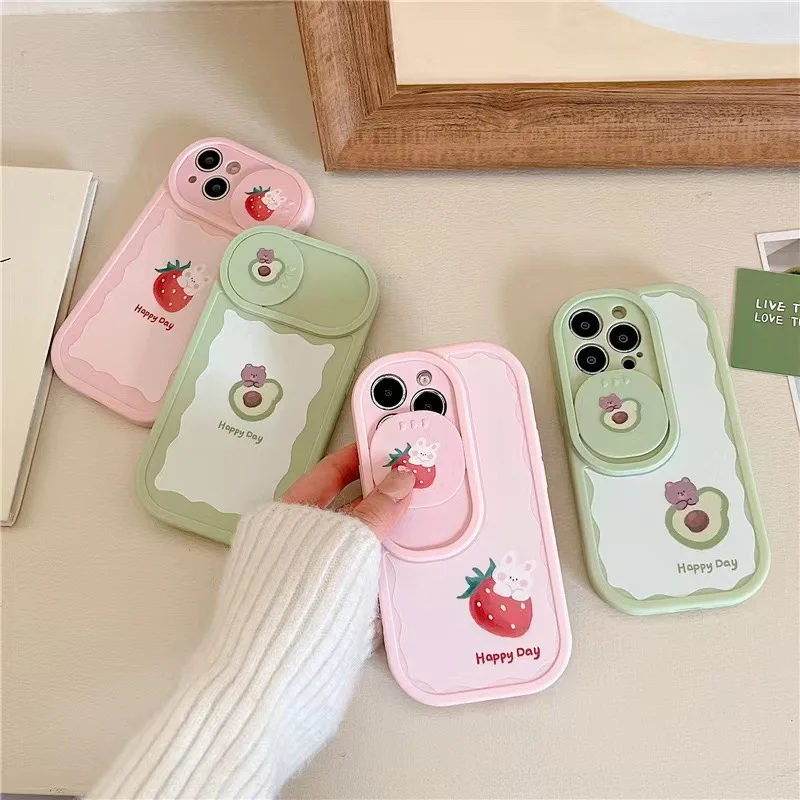 

Sliding Window Lens Strawberry Avocado Phone Case Cover for IPhone 11 12 13 14 Pro XR XS Max Shockproof Case for IPhone 14 Cases