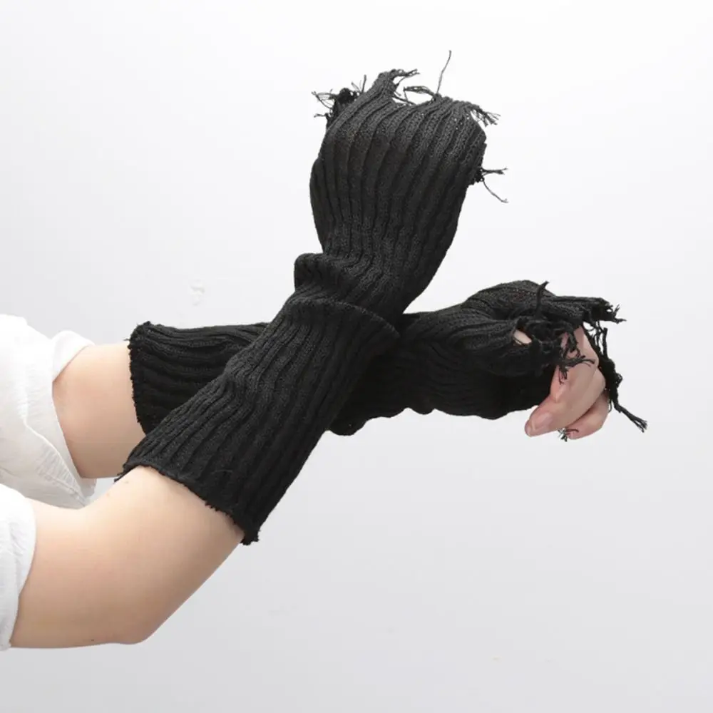 

Fingerless Cuff Knit Glove Fashion Black Beige Arm Warmer Long Wrist Gloves Pure Color Broken Styles Elbow Mittens Girl Boys