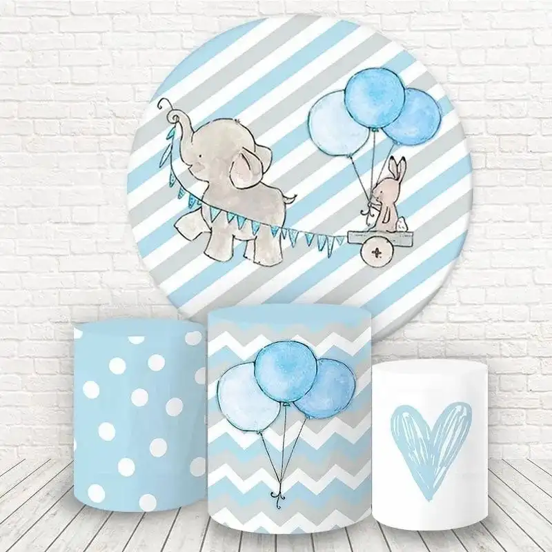 

Grey Elephant and Blue Balloons Round Birthday Backdrop Baby Shower Newborn Photography Background Plinth Cylinder Cover