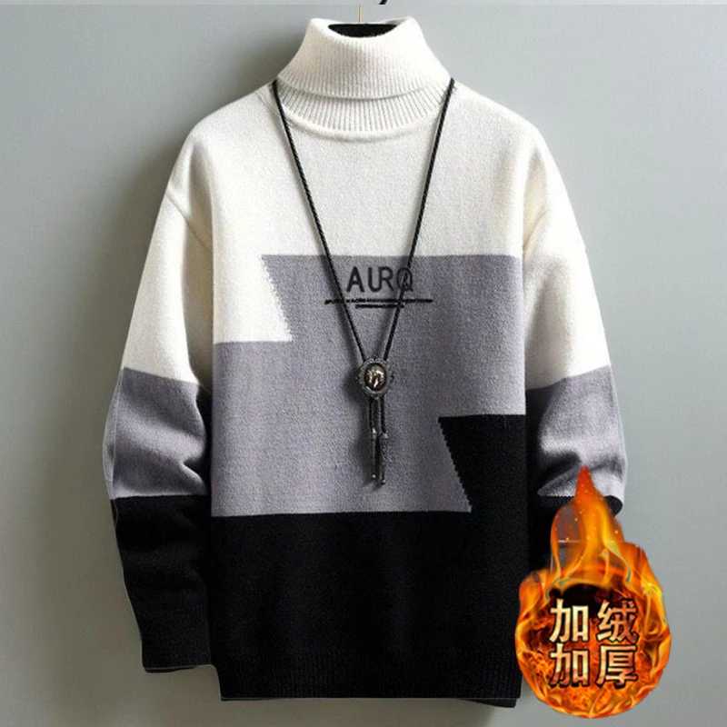 Winter Turtleneck sweater Boys Teenagers Fleece-lined Thick Junior High School Students Woolen Sweater Warm Loose