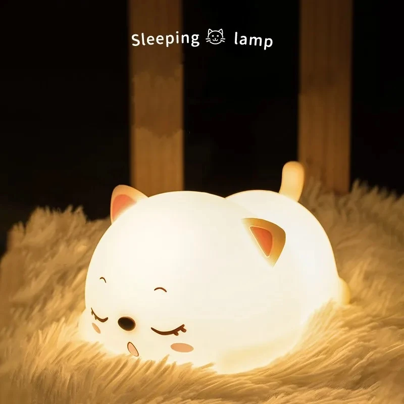 Silicone LED Night Light  Lovely Cat USB RechargeableBedroom Bedside Night Lamp with Remote for Kids Baby Gift Touch Sensor Lamp