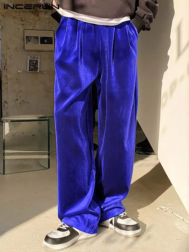 

2022 Men Pants Joggers Solid Color Elastic Waist Loose Streetwear Pockets Pantalon Velour Casual Wide Leg Trousers INCERUN S-5XL