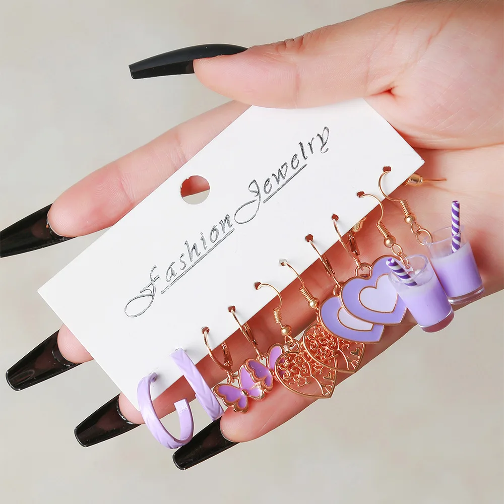 2023 Fashion 5 Pairs of Colorful Metal Drop Earrings for Women Set Sweet Butterfly Love Milk Tea Pendant Earrings Cute Jewelry