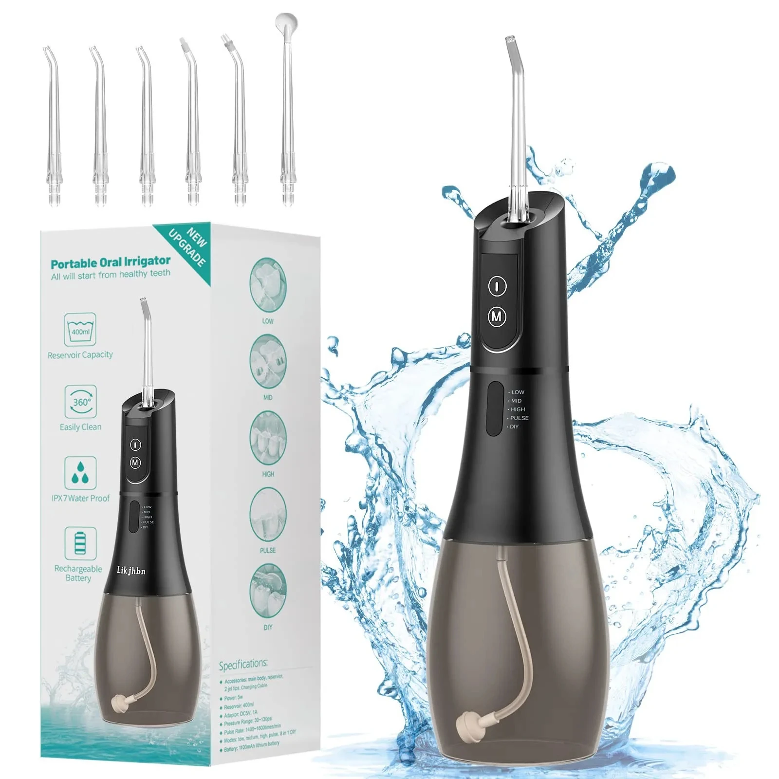 

Portable Oral Dental Irrigator Water Flosser USB Rechargeable 5 Modes IPX7 400ML Water for Cleaning Teeth