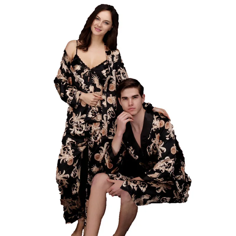 Women 3 Pieces and Men Robe Satin Silk Sleepwear Couple Pajamas Set