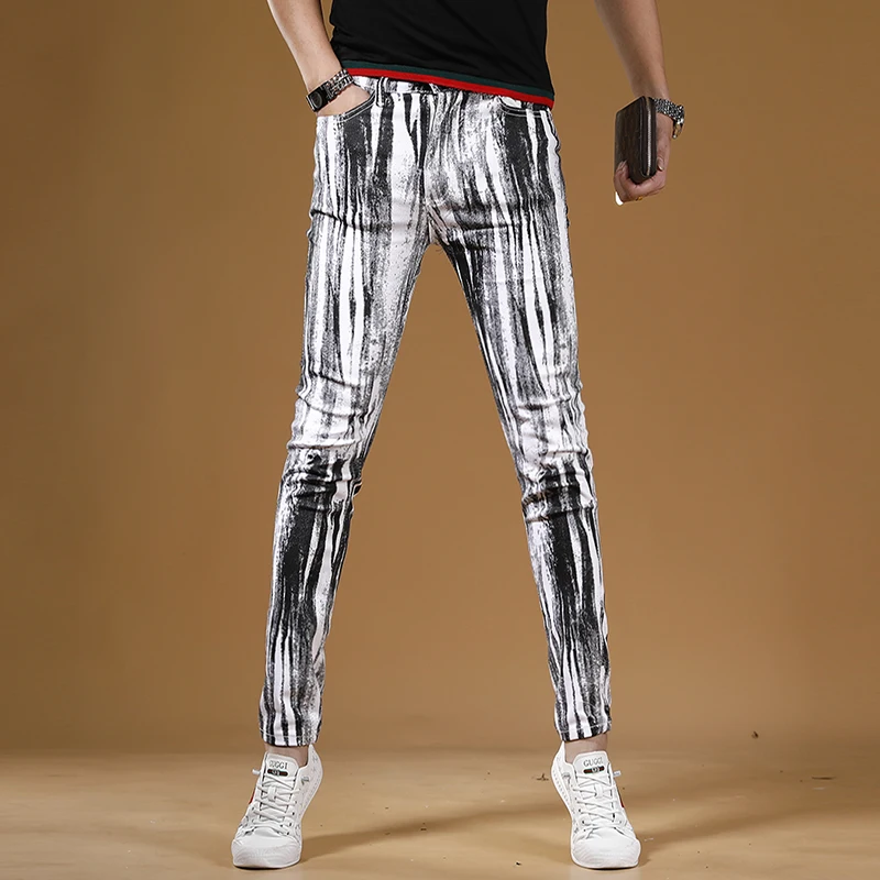 Summer Men Striped Printed White Jeans Streetwear Casual Slim Fit Straight Pants Korean Style Digital Printing Denim Trousers