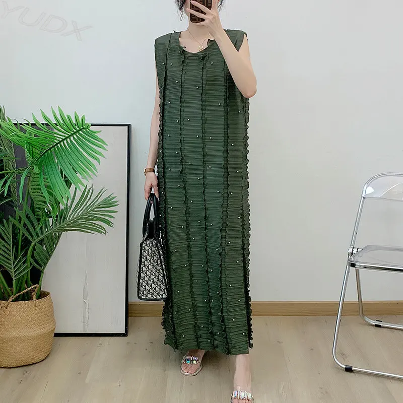 YUDX Miyake Pleated Beaded Long Models 2023 Summer New Women's Dresses Sleeveless Solid Color Loose Large Size Party Sexy Skirt