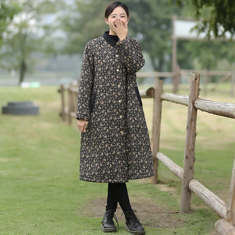 Женское зимнее платье из саржи хлопка и льна с цветочным принтом теплое овечье