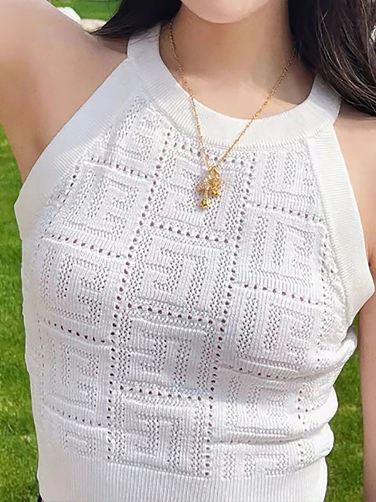 

HELIAR Women White Hollow Out Pattern Printed Ribbed Tops Crop Tops Off Shoulder Women Y2K Round Neck Halter Tops 2022 Summer