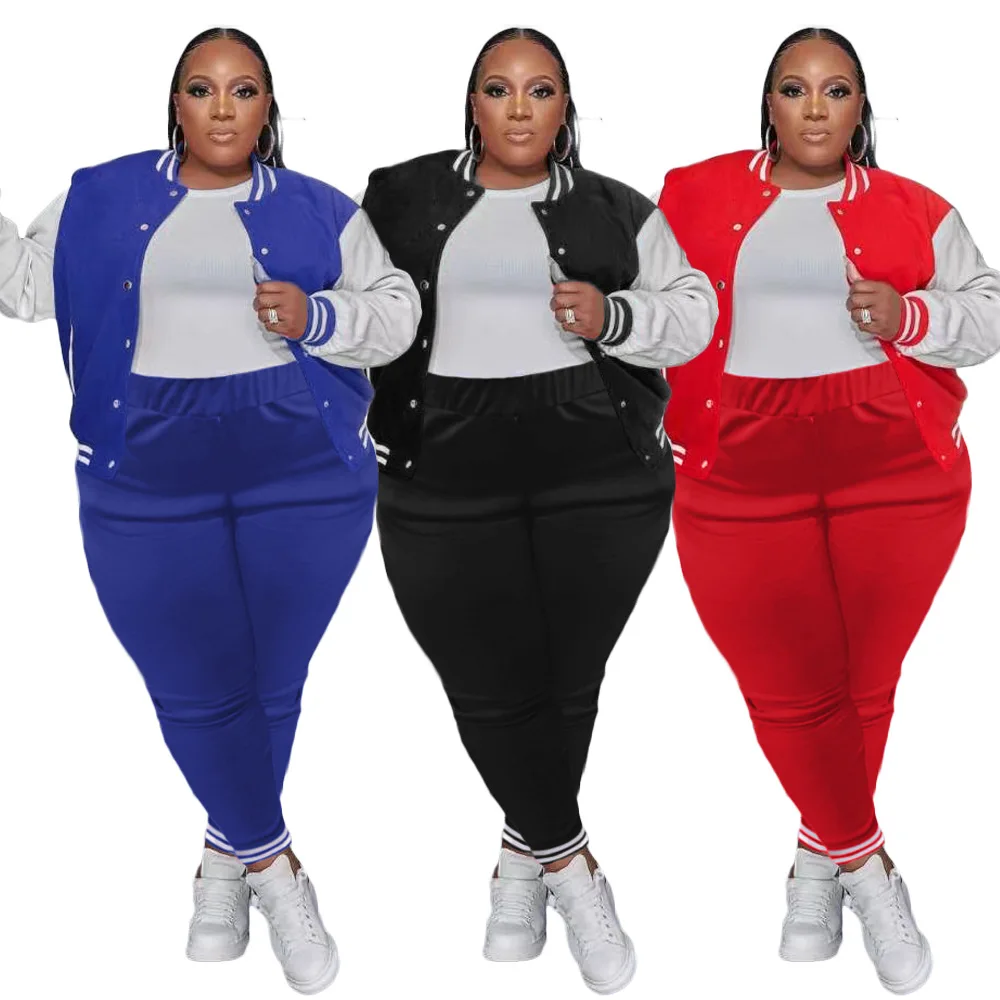 Plus Size Patchwork Casual Two Piece Set Long Sleeve Single Breasted Baseball Top Pencil Pants Women Tracksuit Fashion Clothings