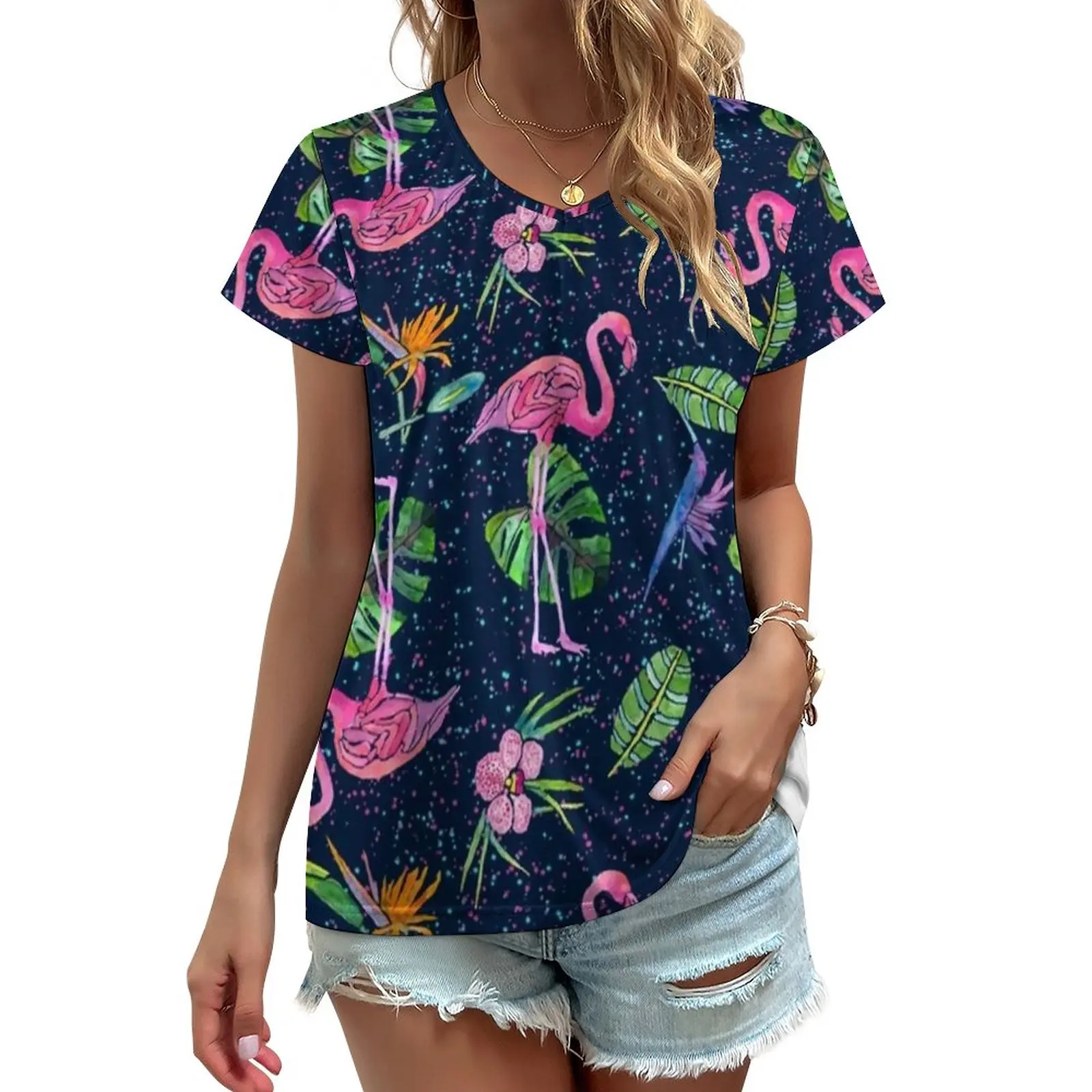 

Pink Birds Print T-Shirt Flamingo Party Cute V Neck T Shirts Short Sleeve Simple Tee Shirt Beach Graphic Tees Large Size