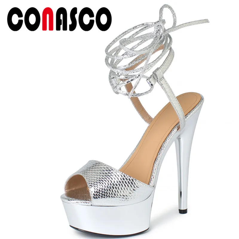 

CONASCO 2022 Women Sandals Wedding Party Prom Thin High Heels Peep Toe Pumps Fashion Sexy Cross-Tied Genuine Leather Shoes Woman