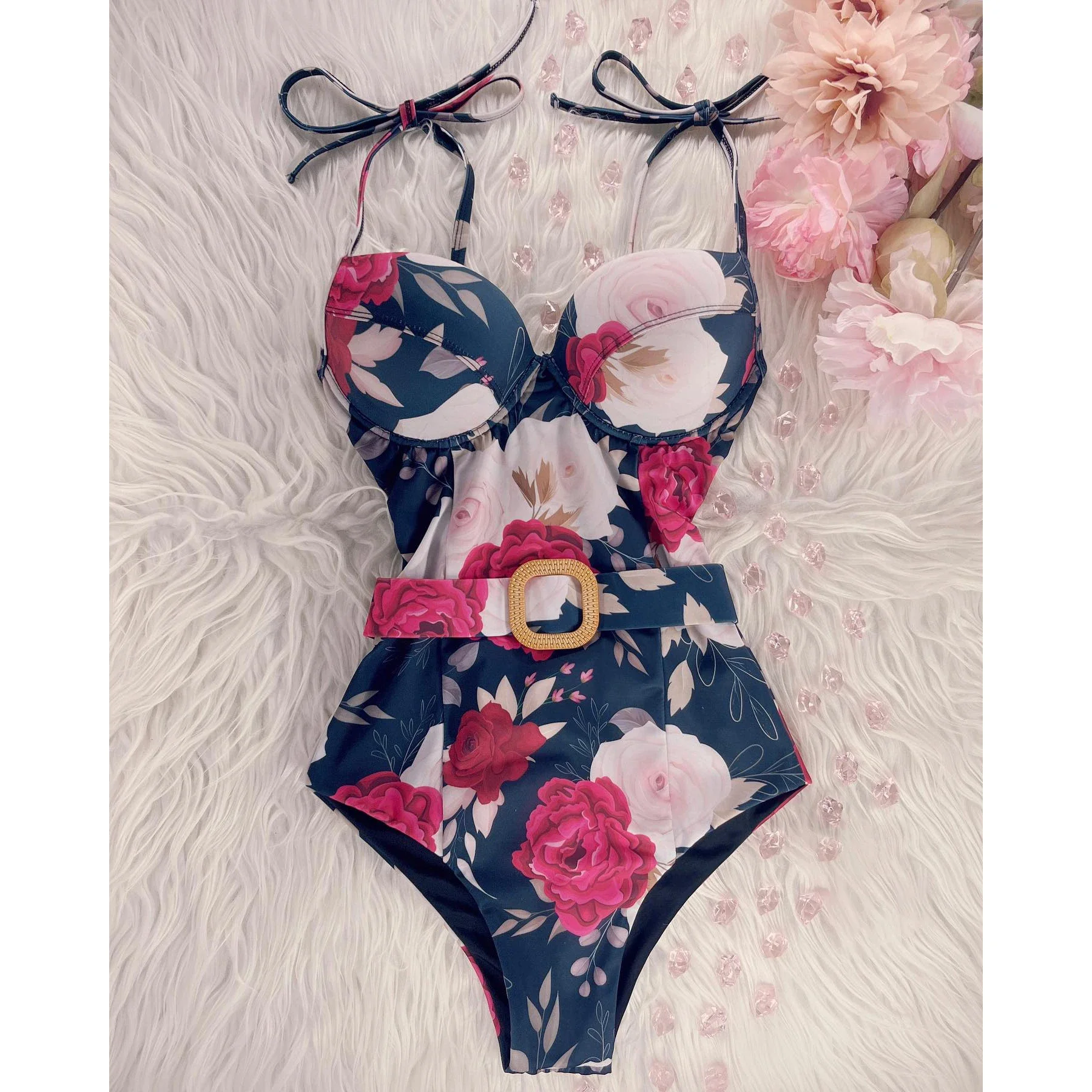 2024 новый цельный купальник с рюшами и принтом сексуальный глубоким V-образным