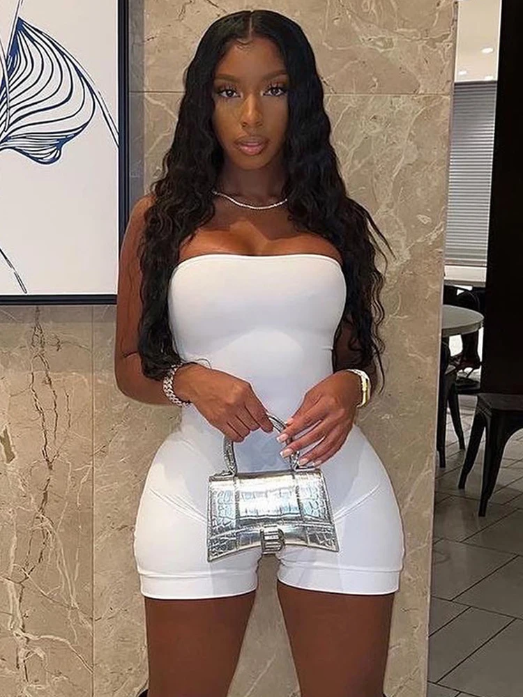 

White Strapless Playsuits Women Bodycon Sexy 2022 Summer Fashion Sports Night Club Party Outfits Skinny Backless Rompers Female