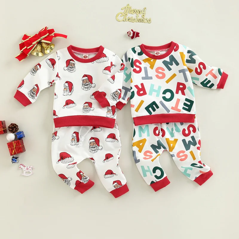 

Одежда для детей 0-24 месяцев, повседневный Топ с длинным рукавом и буквенным принтом Санта-Клауса и брюки для мальчиков и девочек